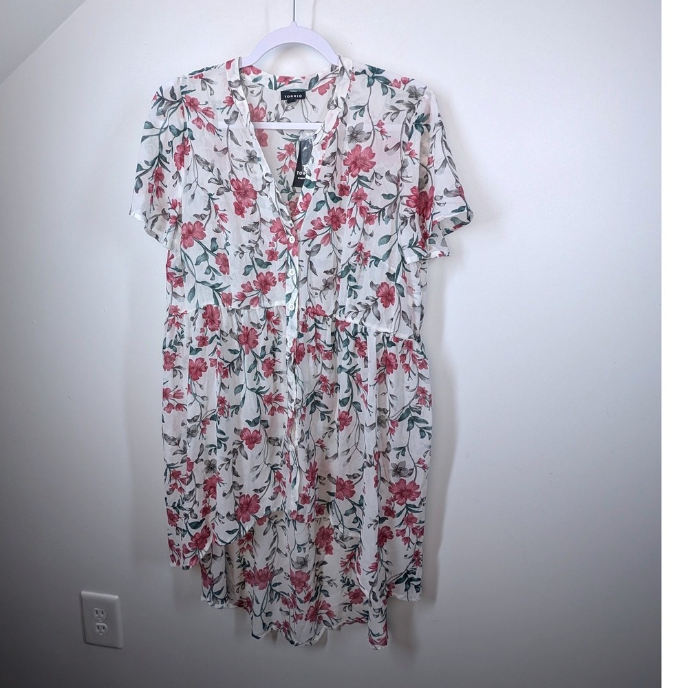 Torrid White Pink Floral Chiffon Button Front High-Low Mini Dress Plus Size 00 - Picture 2 of 8